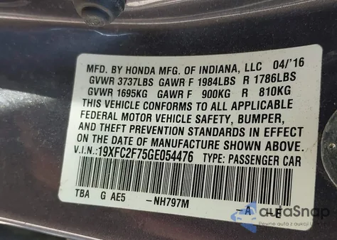 2016 Honda Civic Ex from USA, damaged, VIN 19XFC2F75GE054476